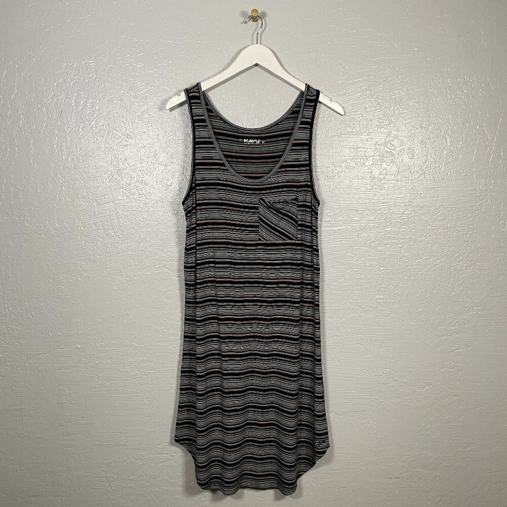 Kavu Women M Black Blue Stripe Leonora Dress Tank Sleeveless Pocket Rayon